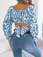Floral Square Neck Ruched Crop Blouse with Balloon Sleeves