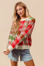 SO ME Festive Christmas Checkered Plaid Crew Neck Sweater