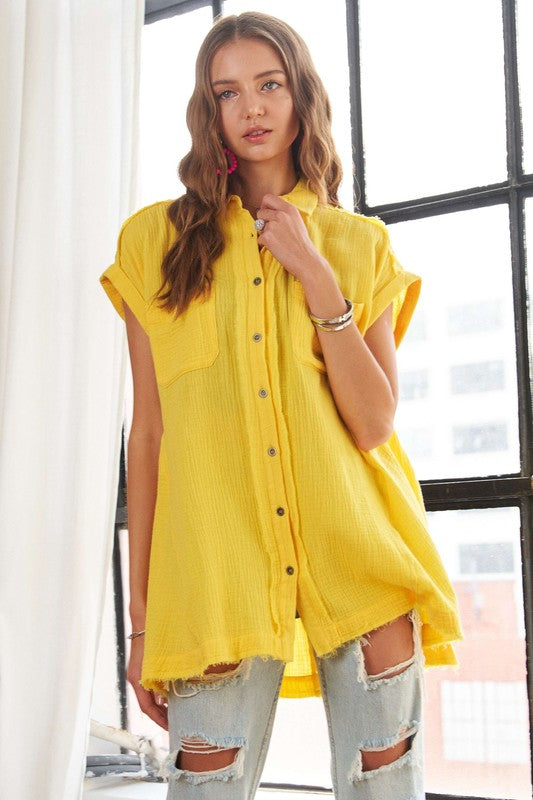 Raw Hem Collared Neck Button-Down Shirt