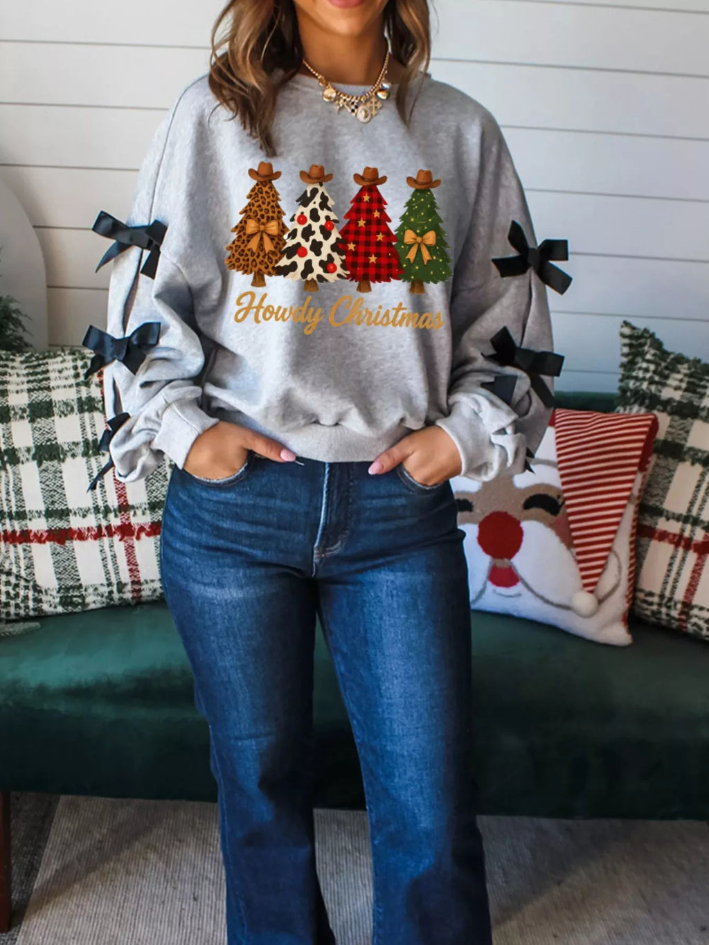 Howdy Christmas Trees Sweatshirt with Ribbon Bow Detail