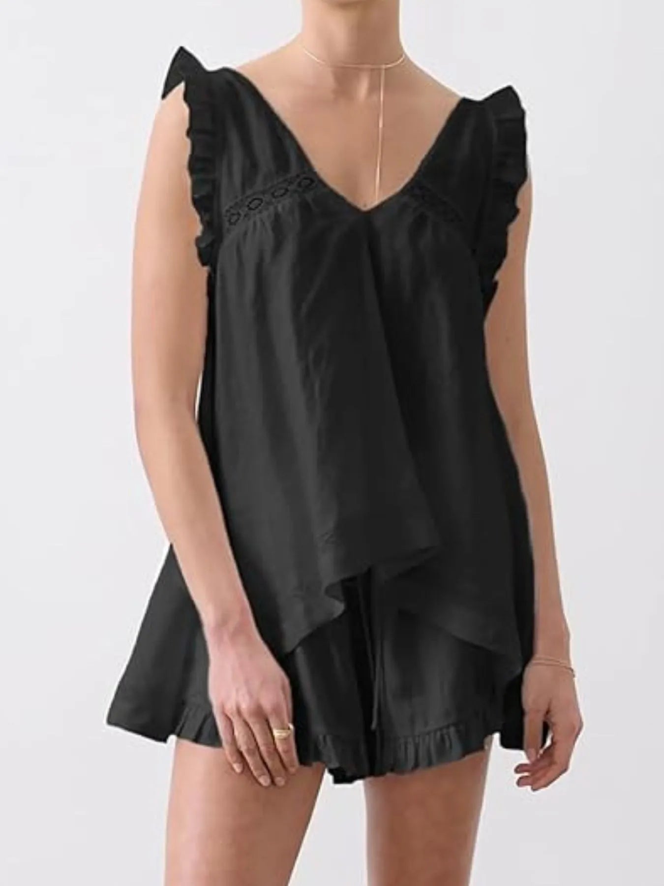 Ruffled V-Neck Top & High-Waist Shorts Co-Ord Set Black