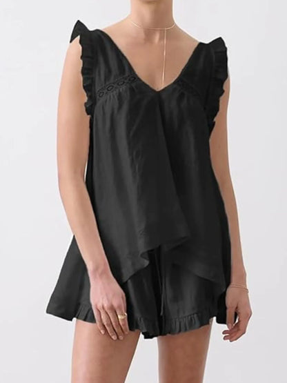 Ruffled V-Neck Top & High-Waist Shorts Co-Ord Set Black