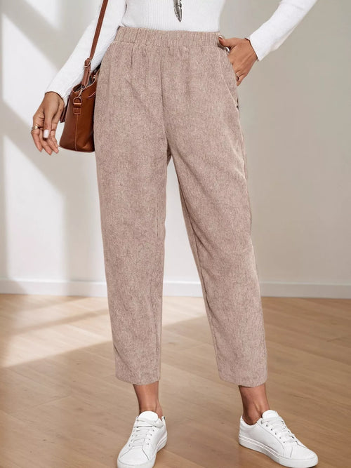 Comfort Fit Corduroy Elastic Waist Cropped Pants Khaki