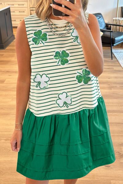 Sequin Clover Patch Striped Mini Dress with Pockets Green