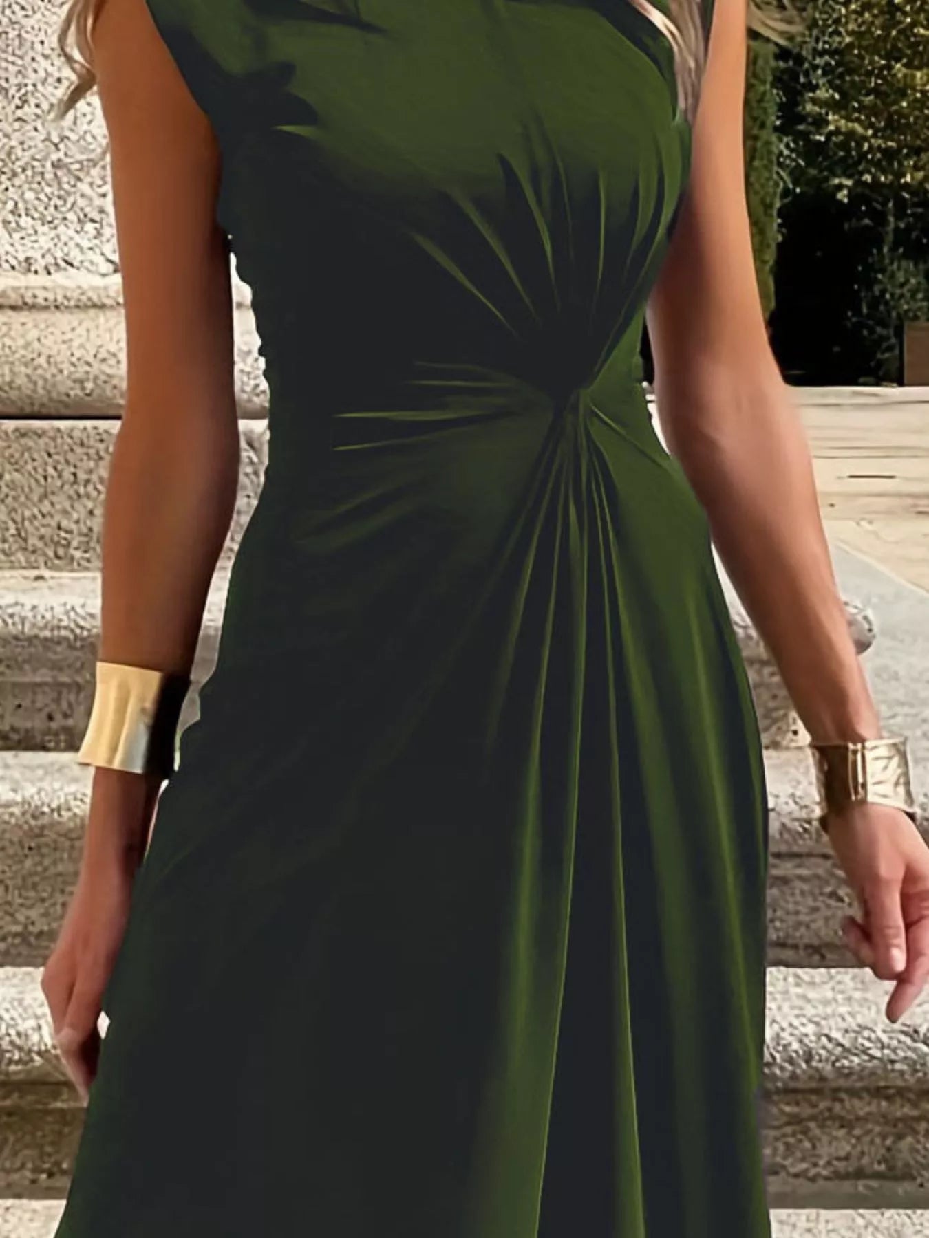 Twisted Round-Neck Sleeveless Ruched Maxi Dress