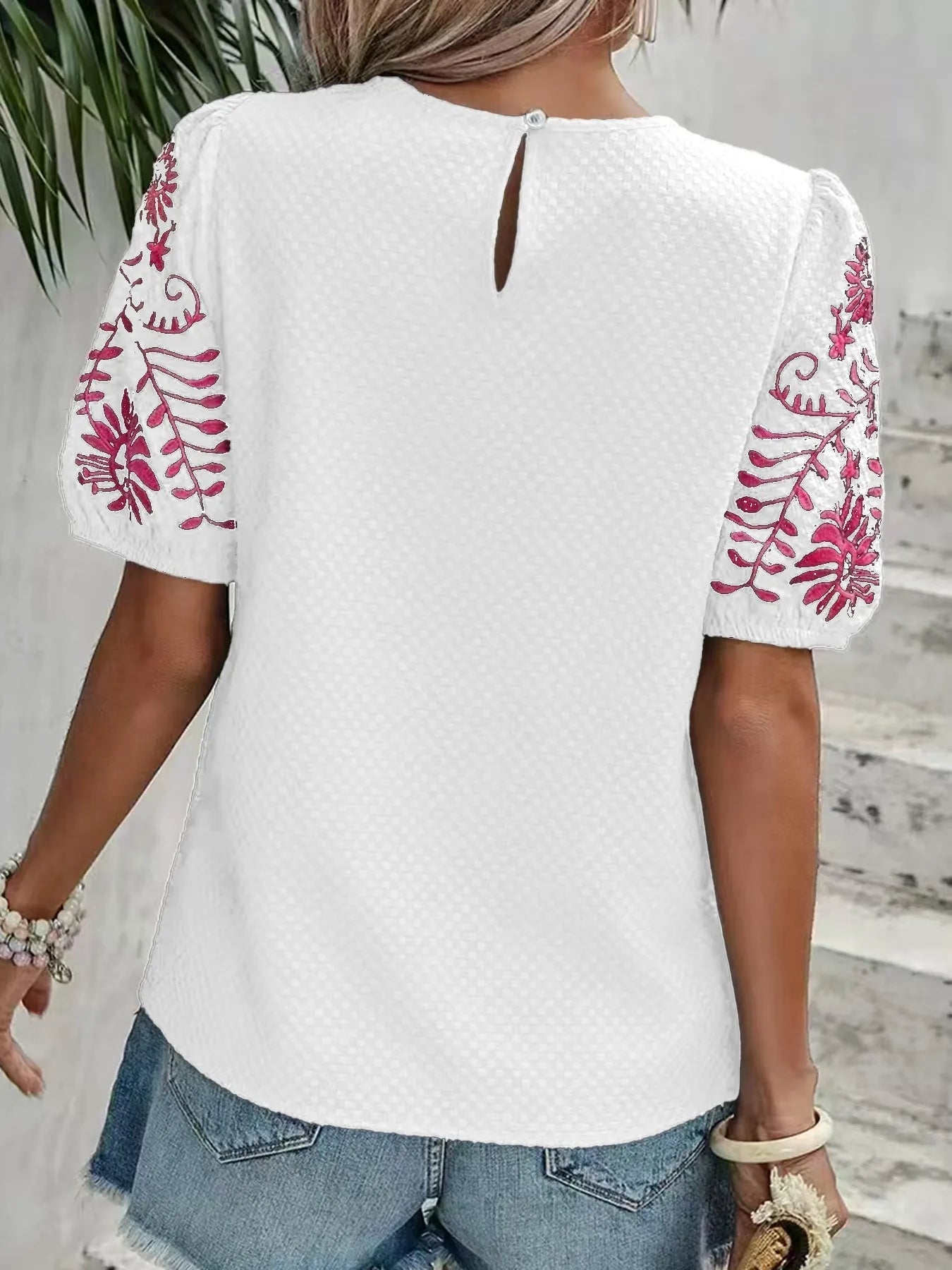 Textured Blouse with Embroidered Floral Sleeves