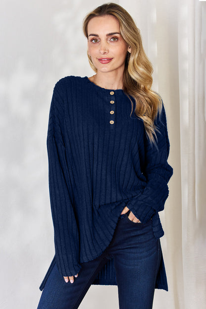 Basic Bae Ribbed Half Button Long Sleeve High-Low T-Shirt Dark Blue