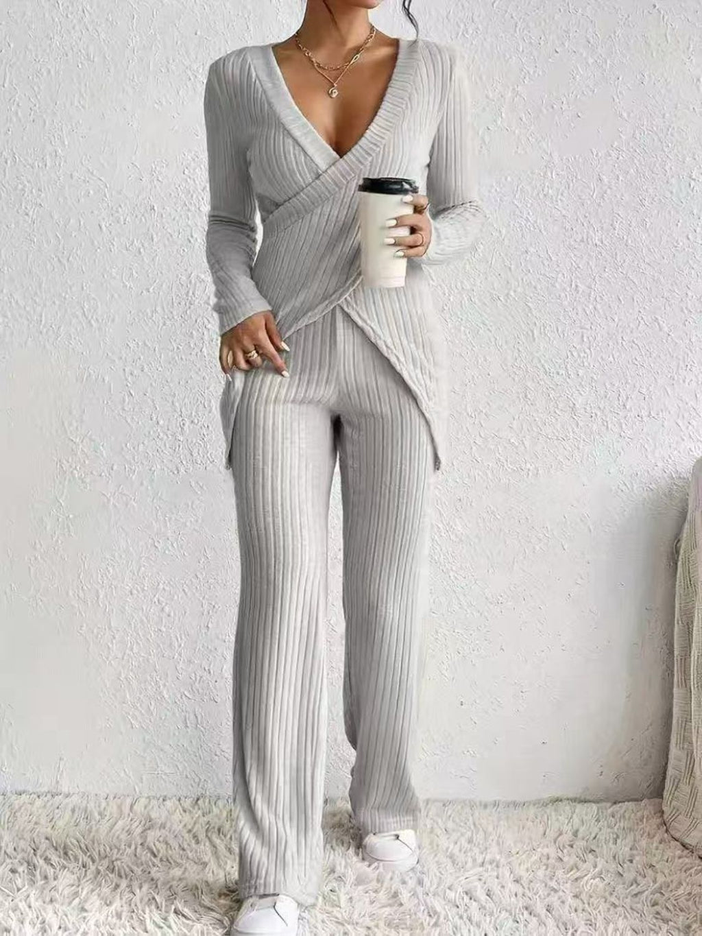 Surplice Long Sleeve Top & Pants Set - Chic Two-Piece Outfit