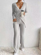 Surplice Long Sleeve Top & Pants Set - Chic Two-Piece Outfit