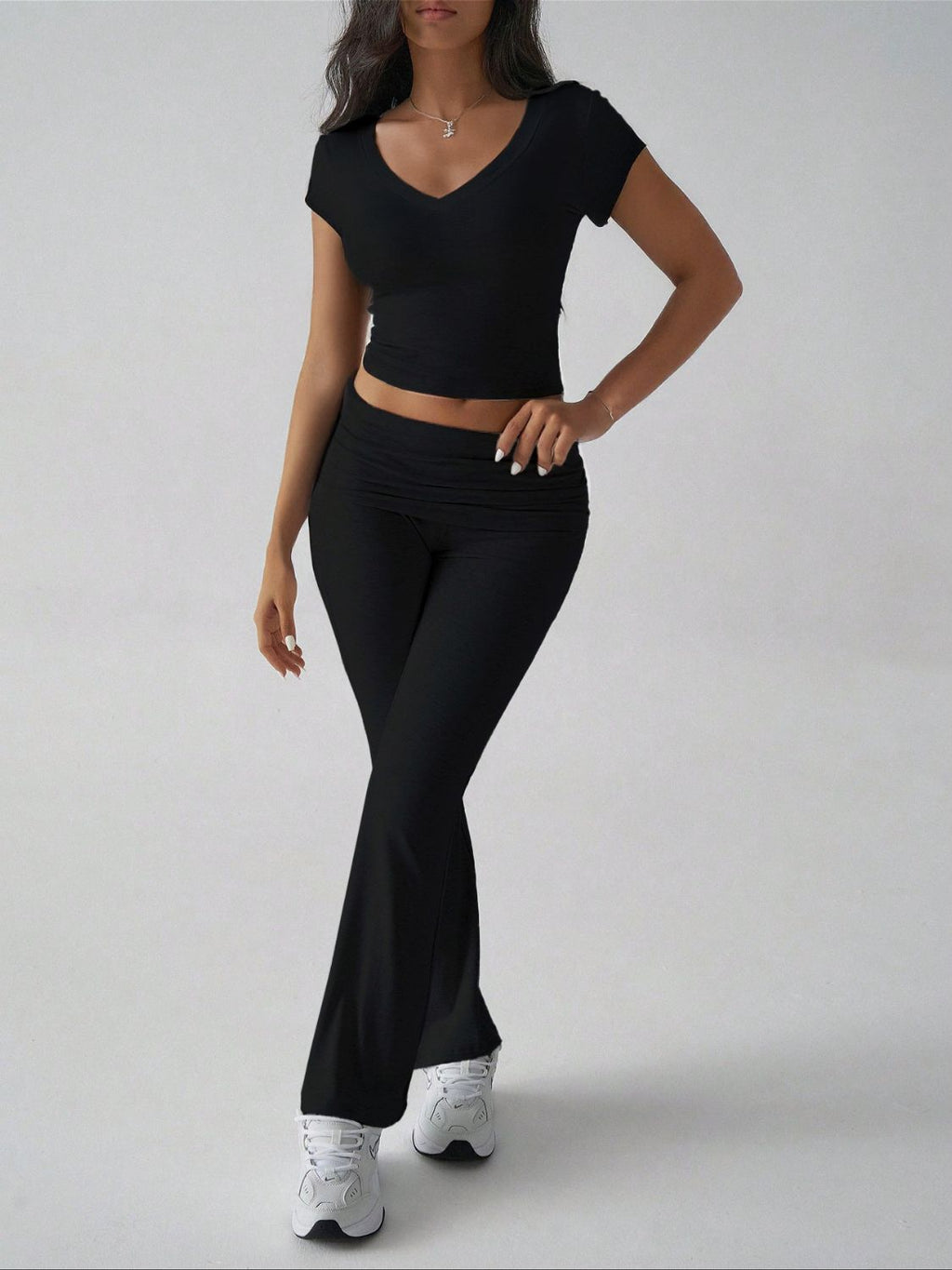 Devine V-Neck Top & Bootcut Leggings Set - Chic & Comfy