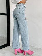 Ripped Wide Leg Wash Denim Jeans
