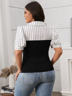 Plus Size Striped Johnny Collar Blouse - Chic & Comfortable