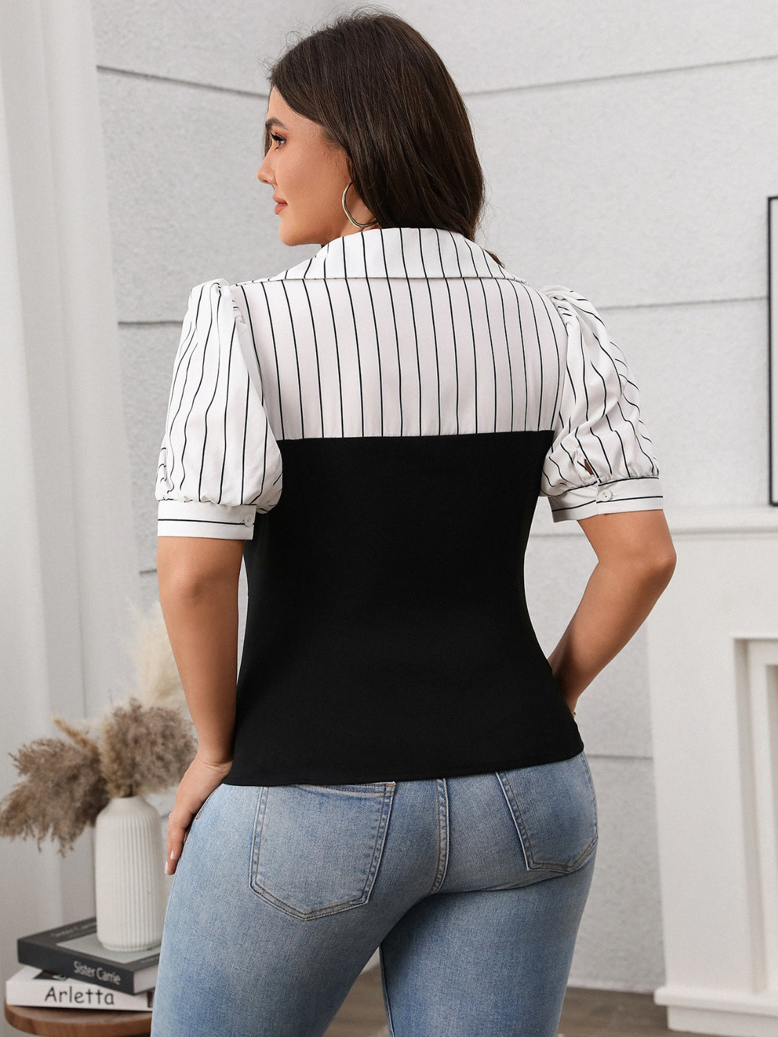 Plus Size Striped Johnny Collar Blouse - Chic & Comfortable