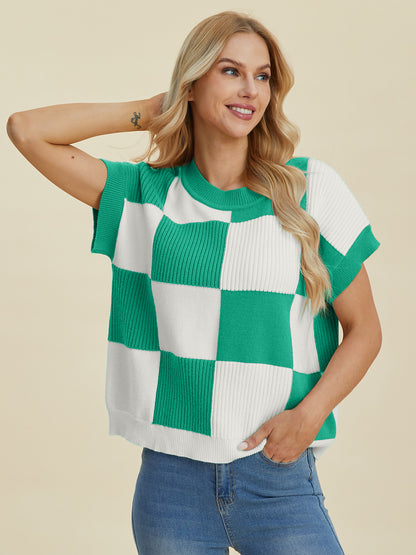 Double Take Checkered Round Neck Short Sleeve Sweater