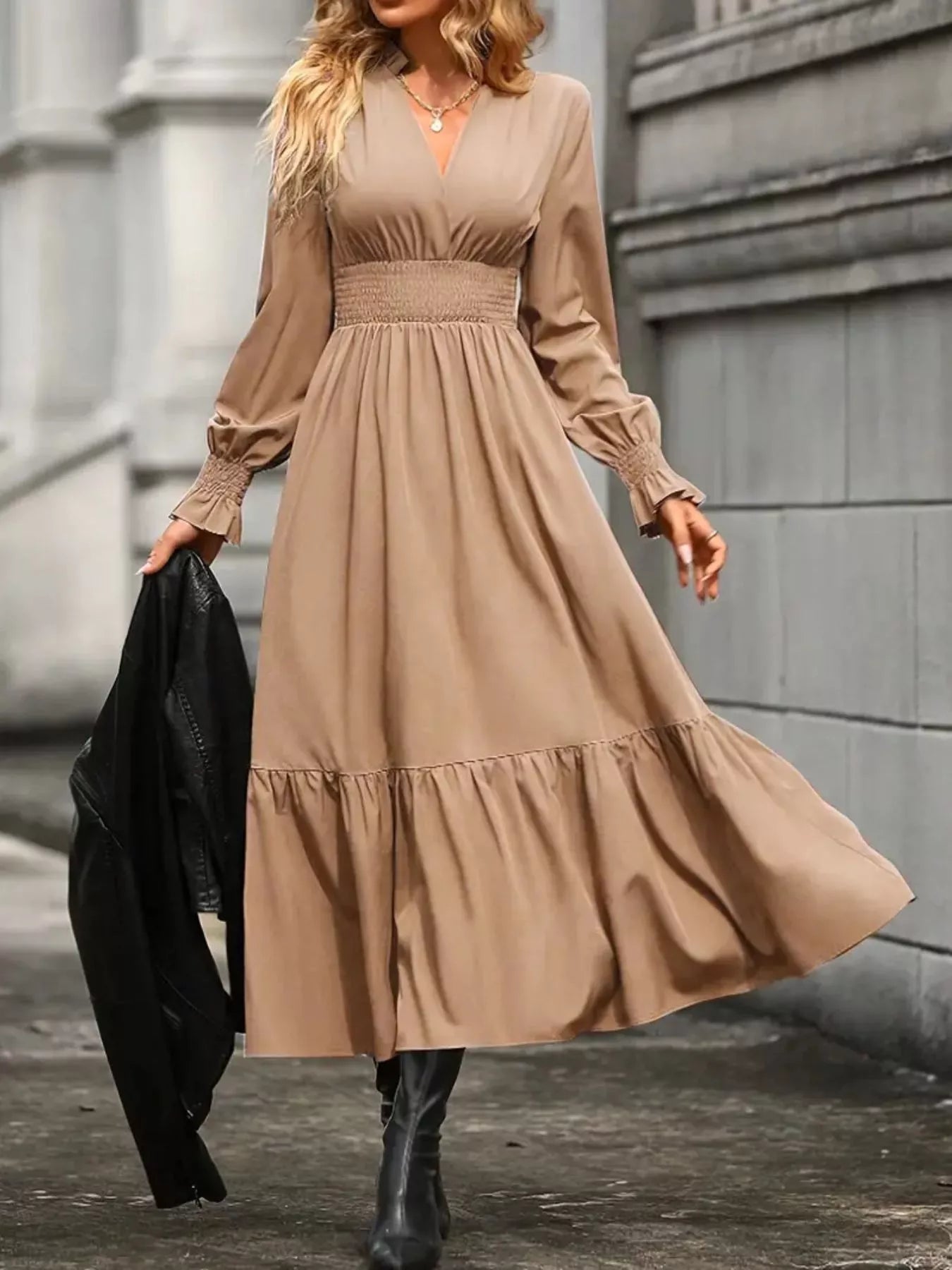 Elegant Ruched Surplice Long Sleeve Tiered Midi Dress Tan