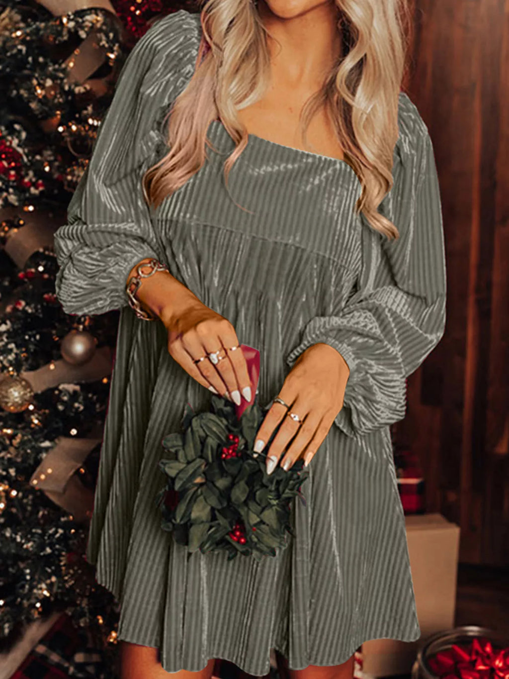 Velvet Tie-Back Square Neck Babydoll Mini Dress Gray