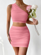 Ruched One-Shoulder Crop Top and Skirt Set
