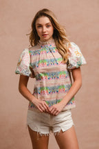 BiBi Ruffle Neckline Blouse With Embroidery Bubble Sleeve