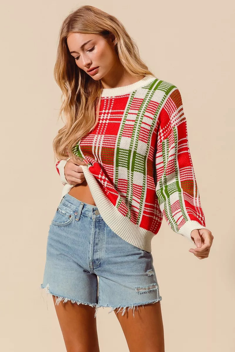 SO ME Festive Christmas Checkered Plaid Crew Neck Sweater