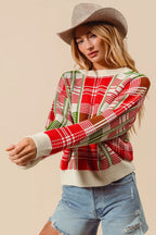 SO ME Festive Christmas Checkered Plaid Crew Neck Sweater