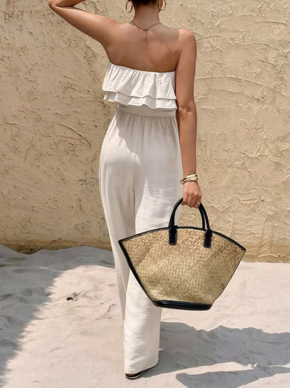 Off-Shoulder Ruffled Layered Belted Wide Leg Jumpsuit