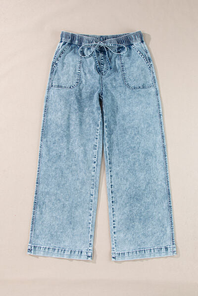 Mineral Wash Drawstring Waist Straight Jeans