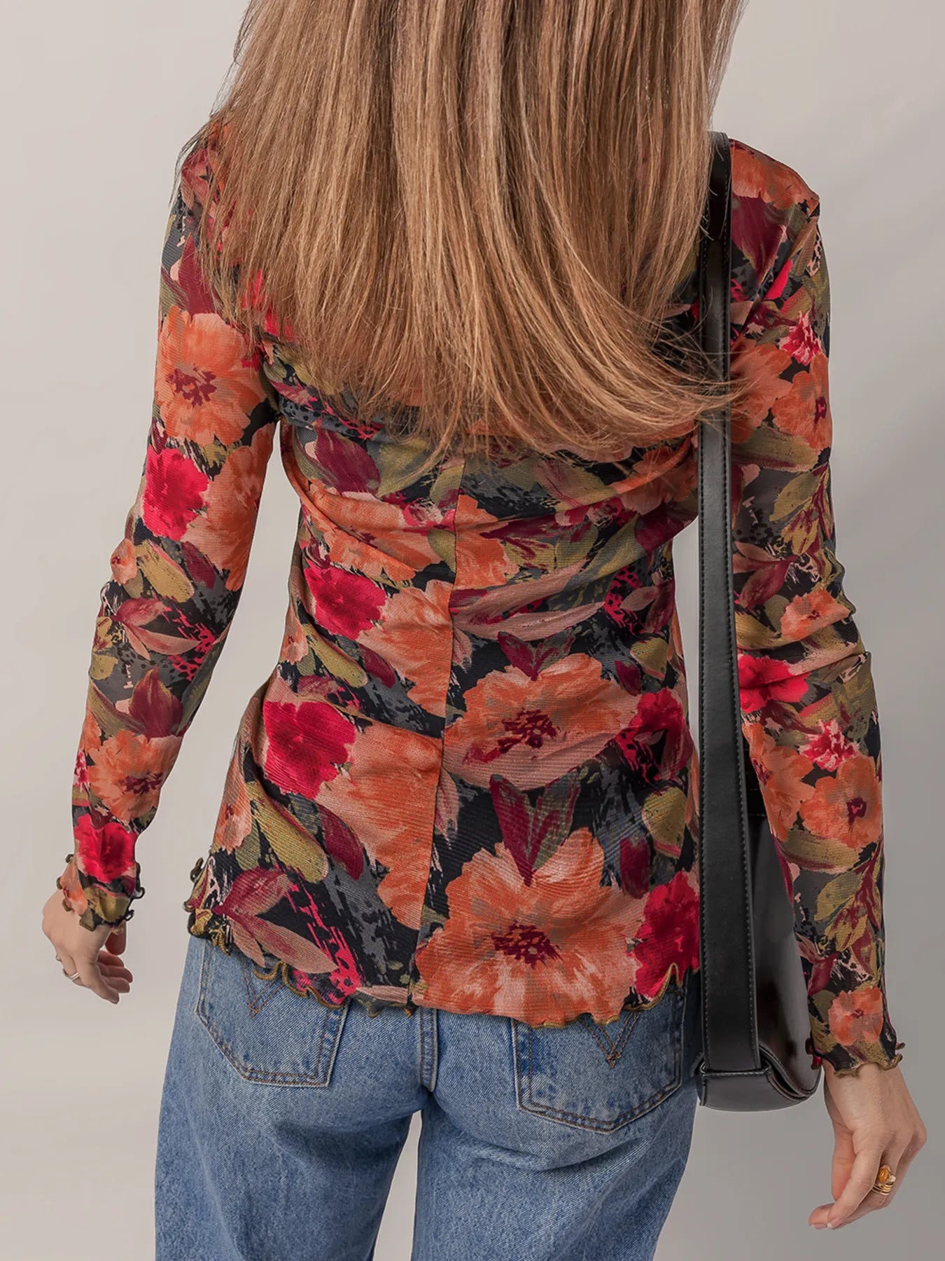 Floral Print Mesh Top with Lettuce Trim