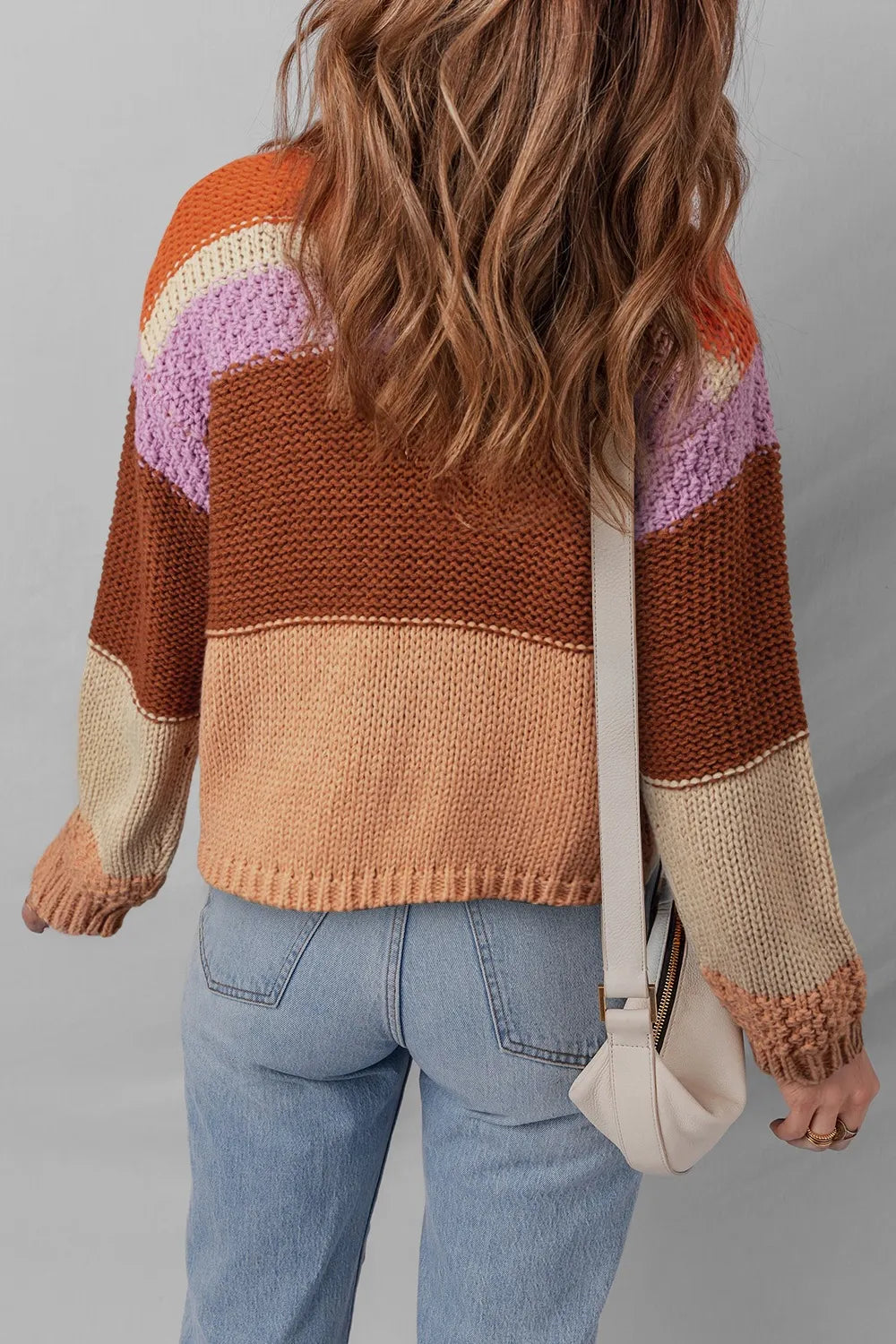 Cozy Colorblock Striped Round Neck Sweater – Soft Acrylic Women’s Pullover