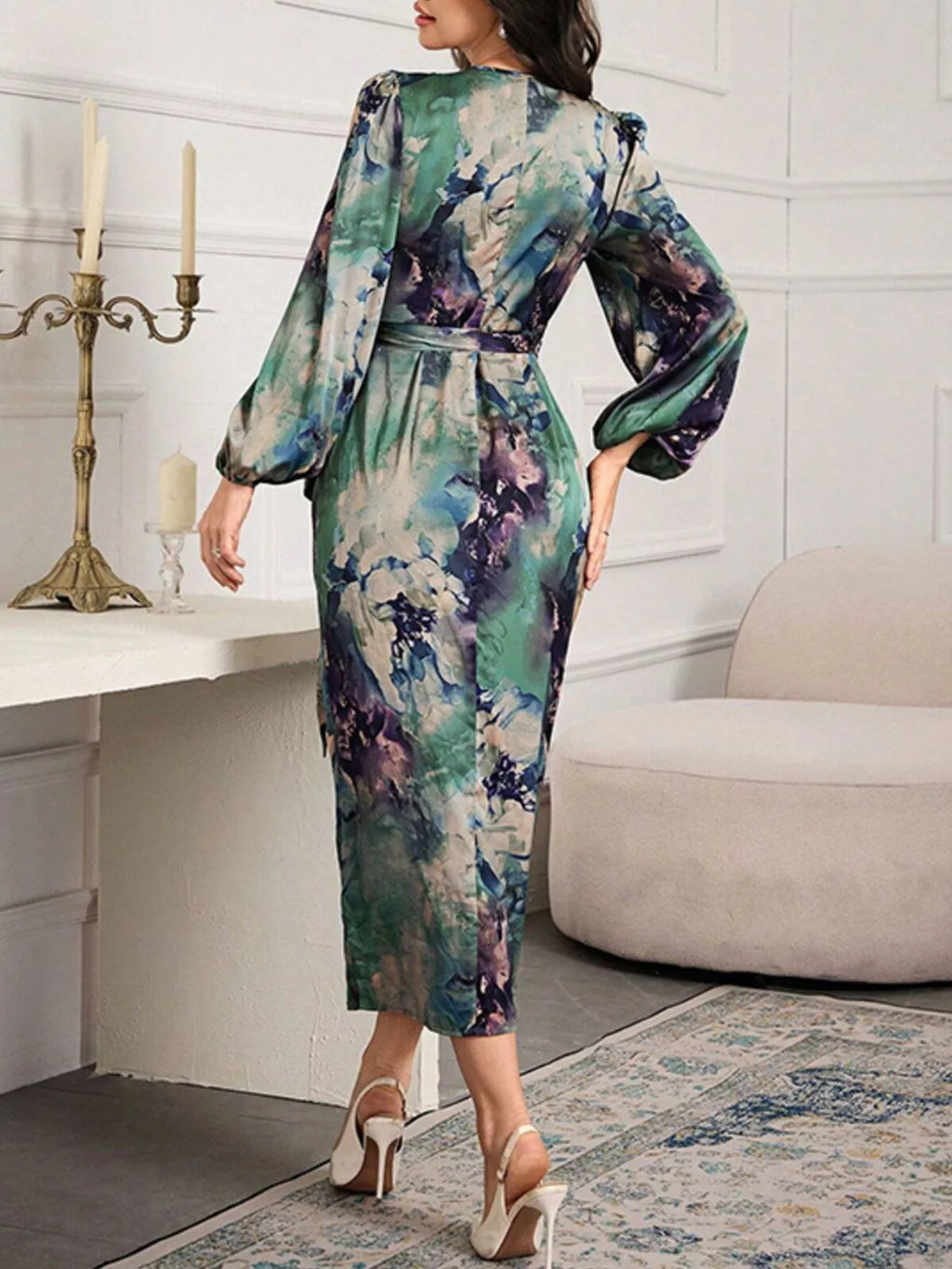 Printed Tie-Waist Balloon Sleeve Midi Dress