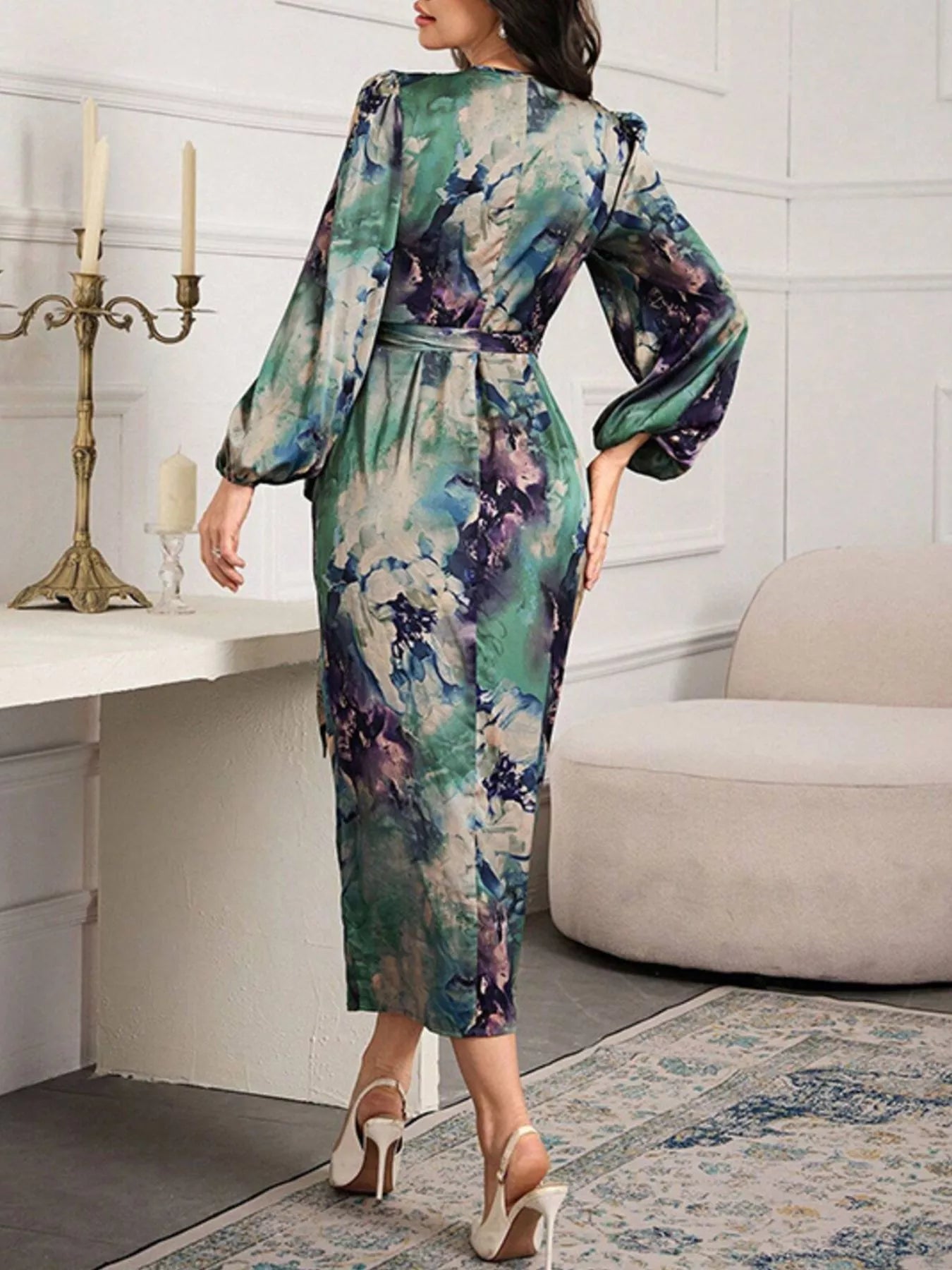 Printed Tie-Waist Balloon Sleeve Midi Dress