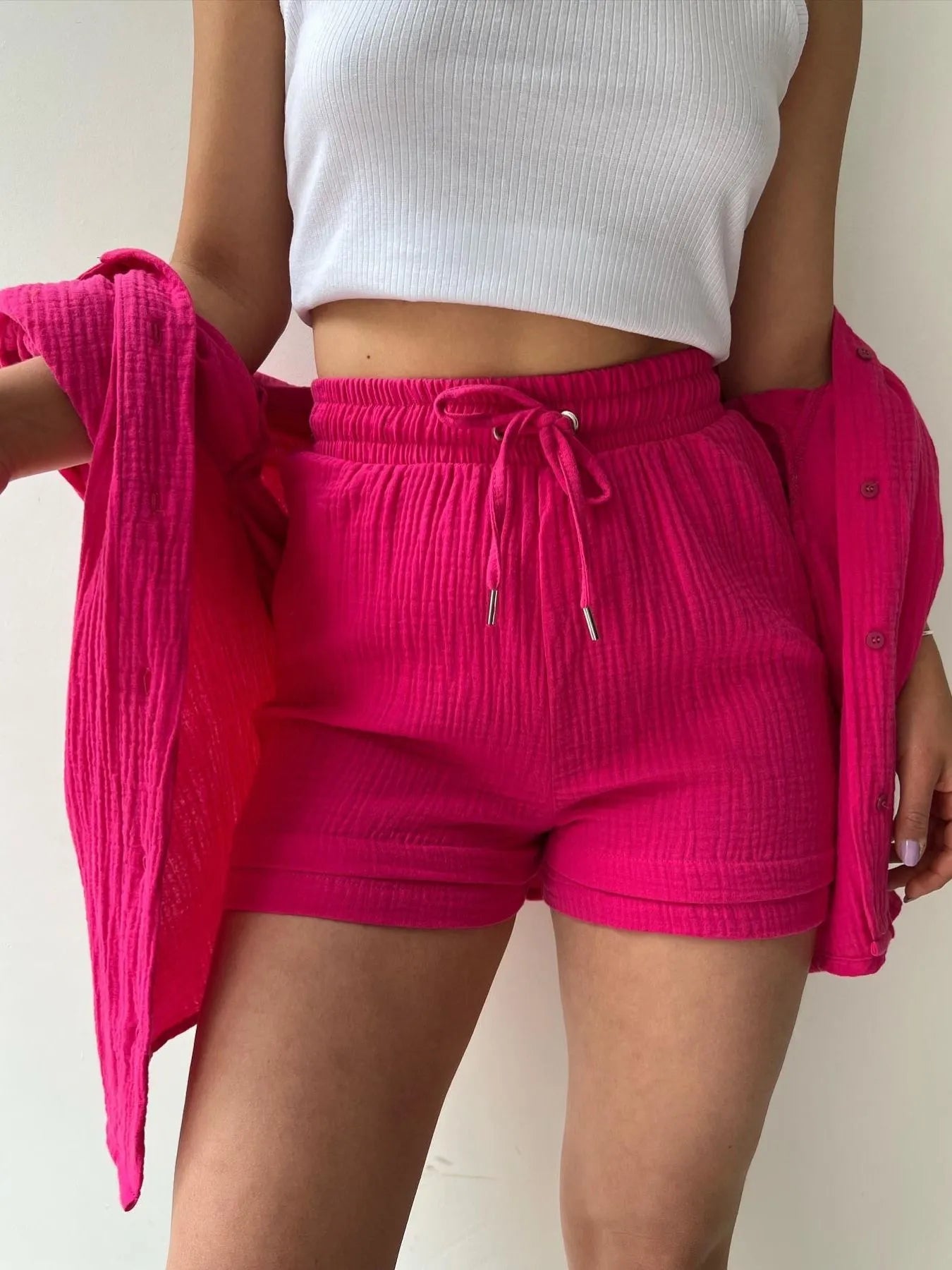 Chic Textured Button-Up Shirt & Shorts Two-Piece Set