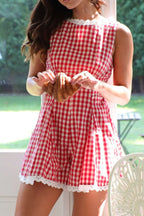 Lace Detail Plaid Sleeveless Romper Ã¢â‚¬â€œ Cotton One-Piece