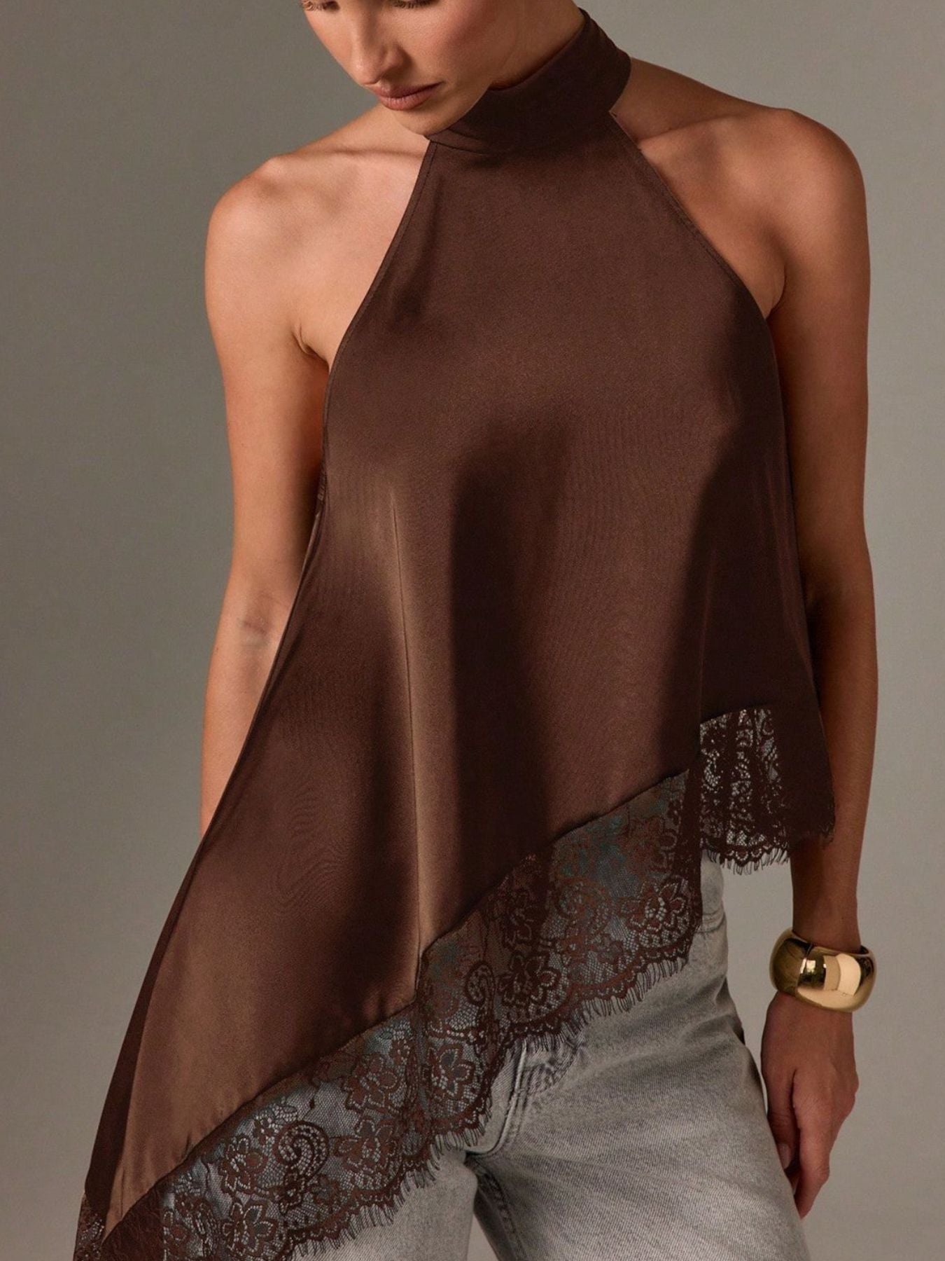 Asymmetrical Lace-Trim Halter Neck Cami Top Brown