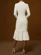 Elegant Ruffled Hem Long Sleeve Cotton Blazer Midi Dress