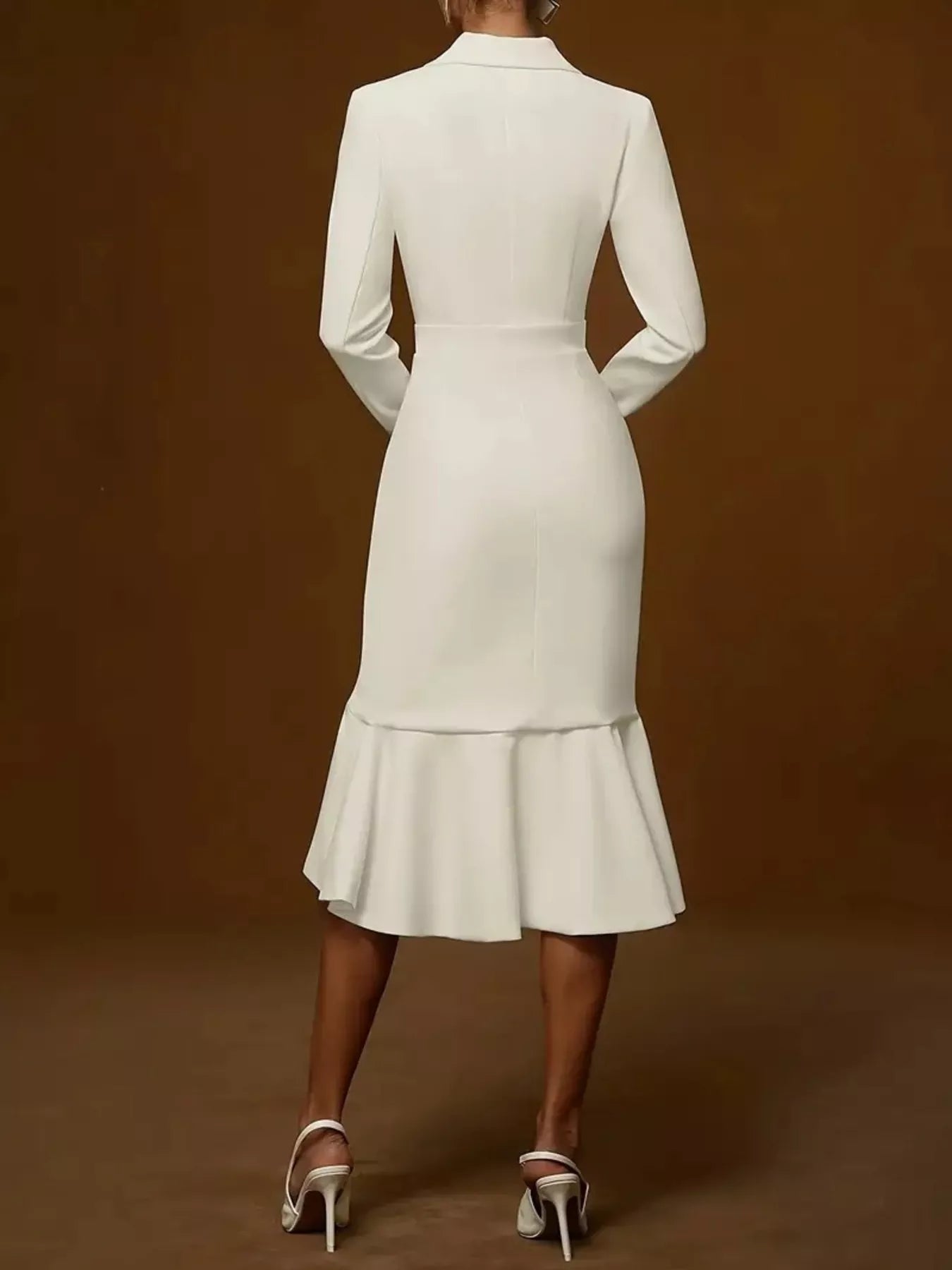 Elegant Ruffled Hem Long Sleeve Cotton Blazer Midi Dress
