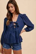 Annie Wear Tie-Front Peplum Denim Blouse - Chic & Feminine Navy