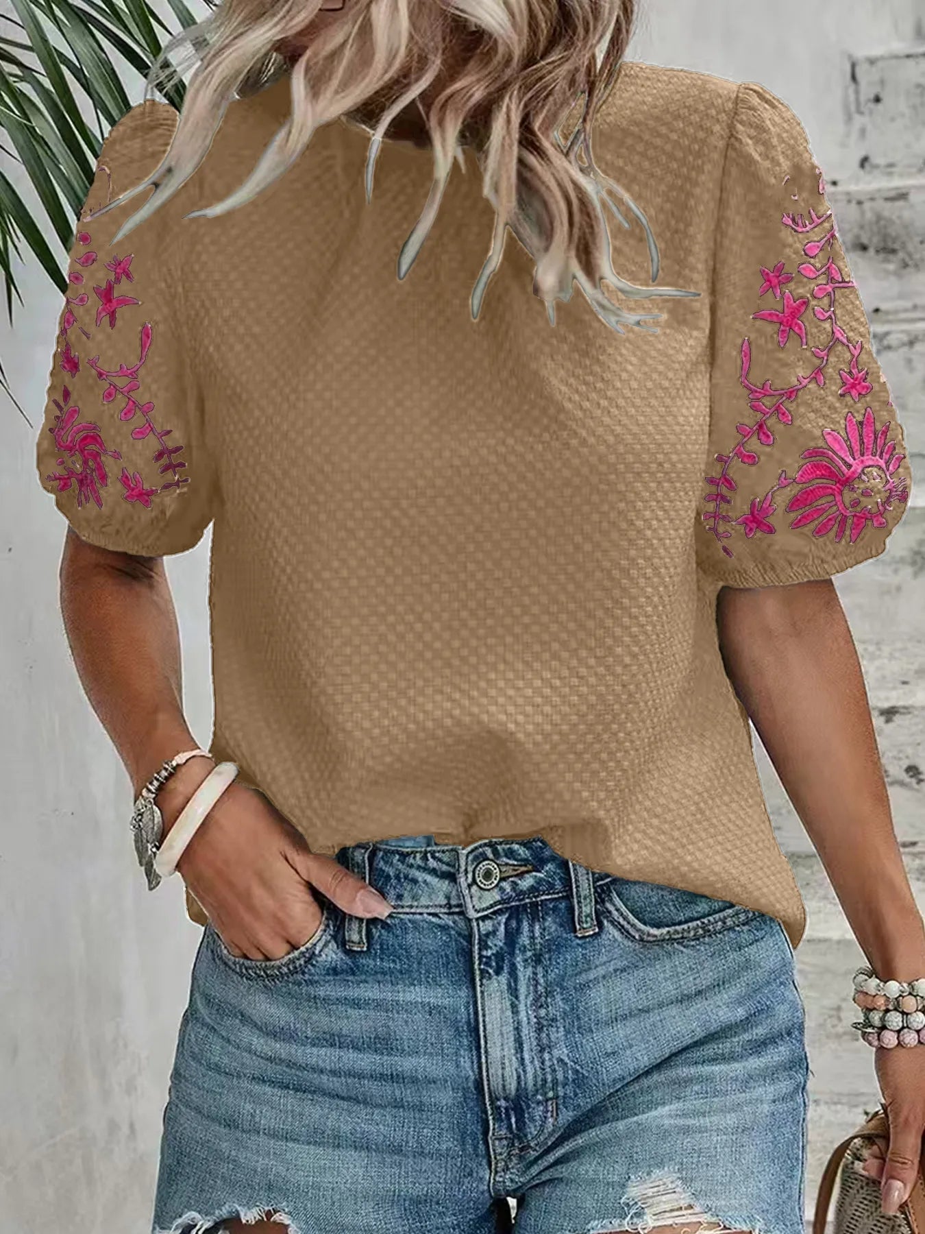 Textured Blouse with Embroidered Floral Sleeves