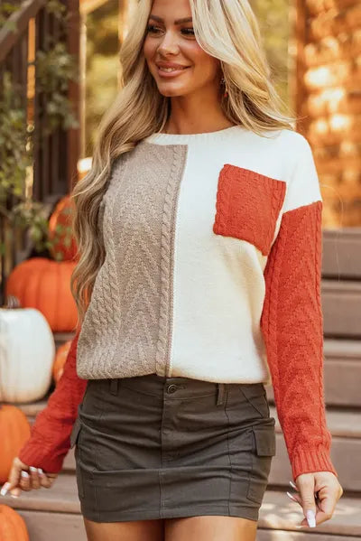 Color Block Pocketed Round Neck Sweater Orange