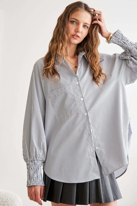 Adora Striped High-Low Smocked Lantern Sleeve Shirt