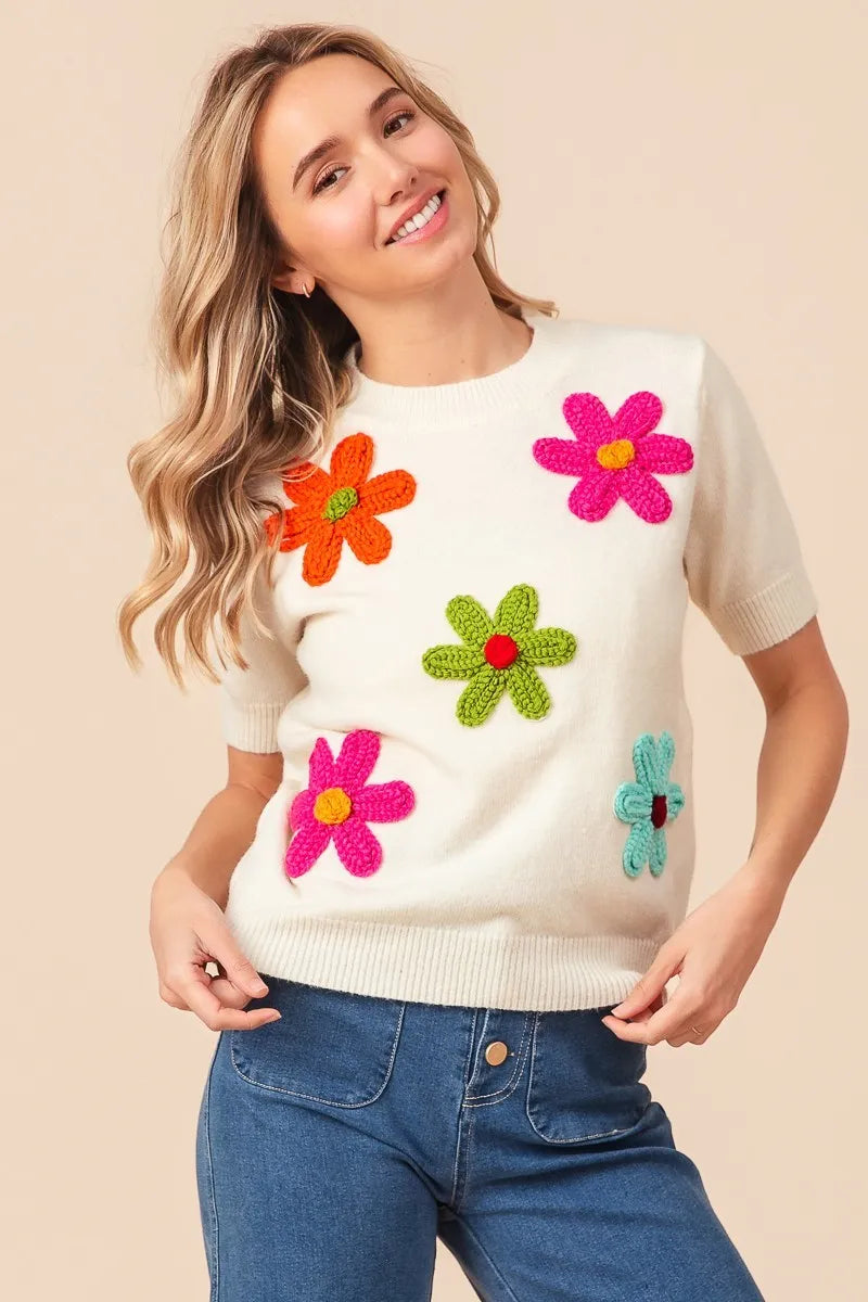 BiBi Crochet Daisy Patch Knit Sweater Top