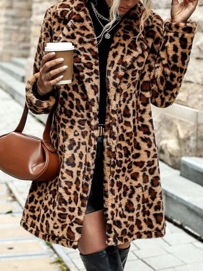 Leopard Print Faux Fur Longline Coat Gold