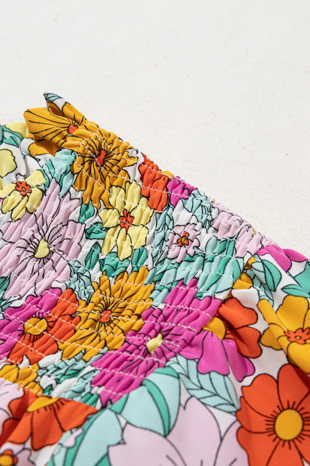 Floral Print Shirred Tiered Ruffled Sleeve Blouse