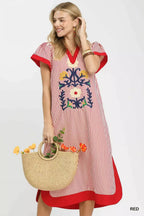 Umgee Floral Embroidered Stripe Caftan Dress with Side Slits