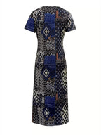 Plus Size Geometric Print V-Neck Maxi Dress with Short Sleeves