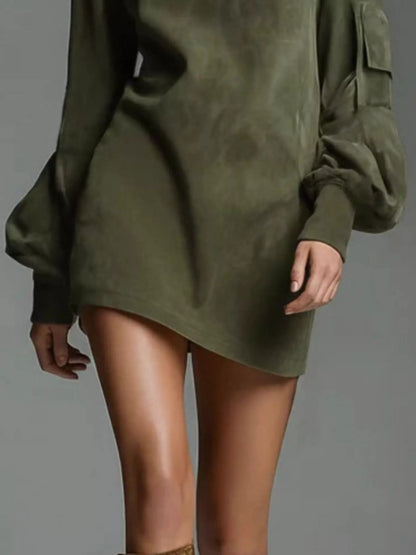 Full-Size Suede Turtleneck Lantern Sleeve Mini Dress