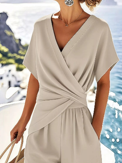 Full Size Surplice V-Neck Short Sleeve Top & Pants Set – Plus Size