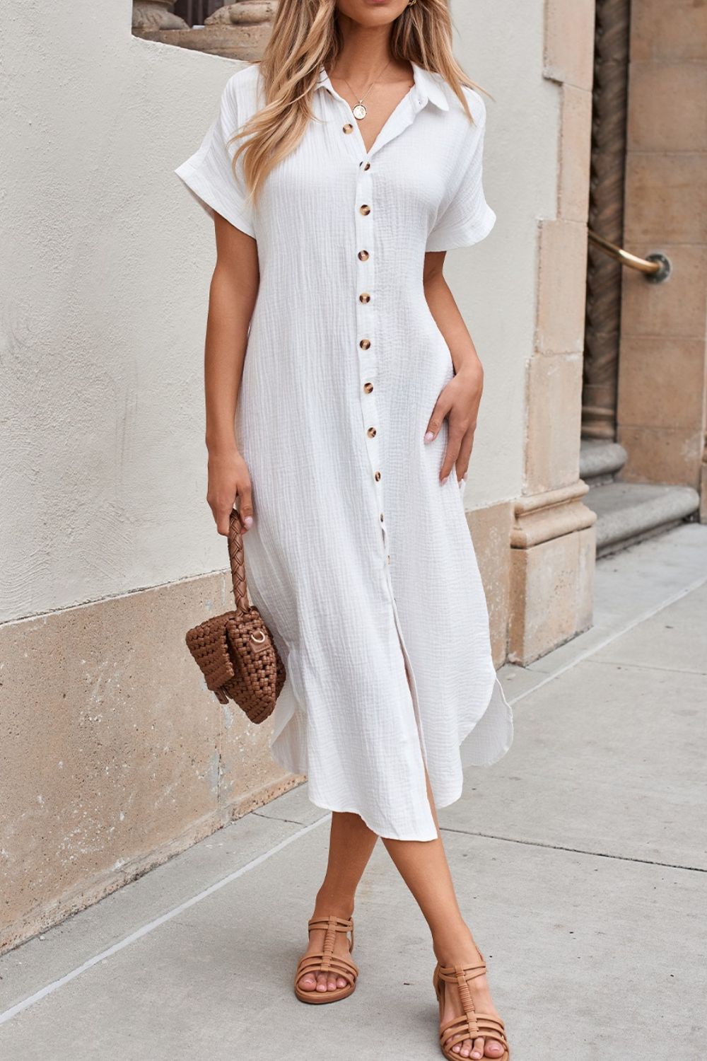 Button Down Short Sleeve Midi Shirt Dress - Elegant & Versatile