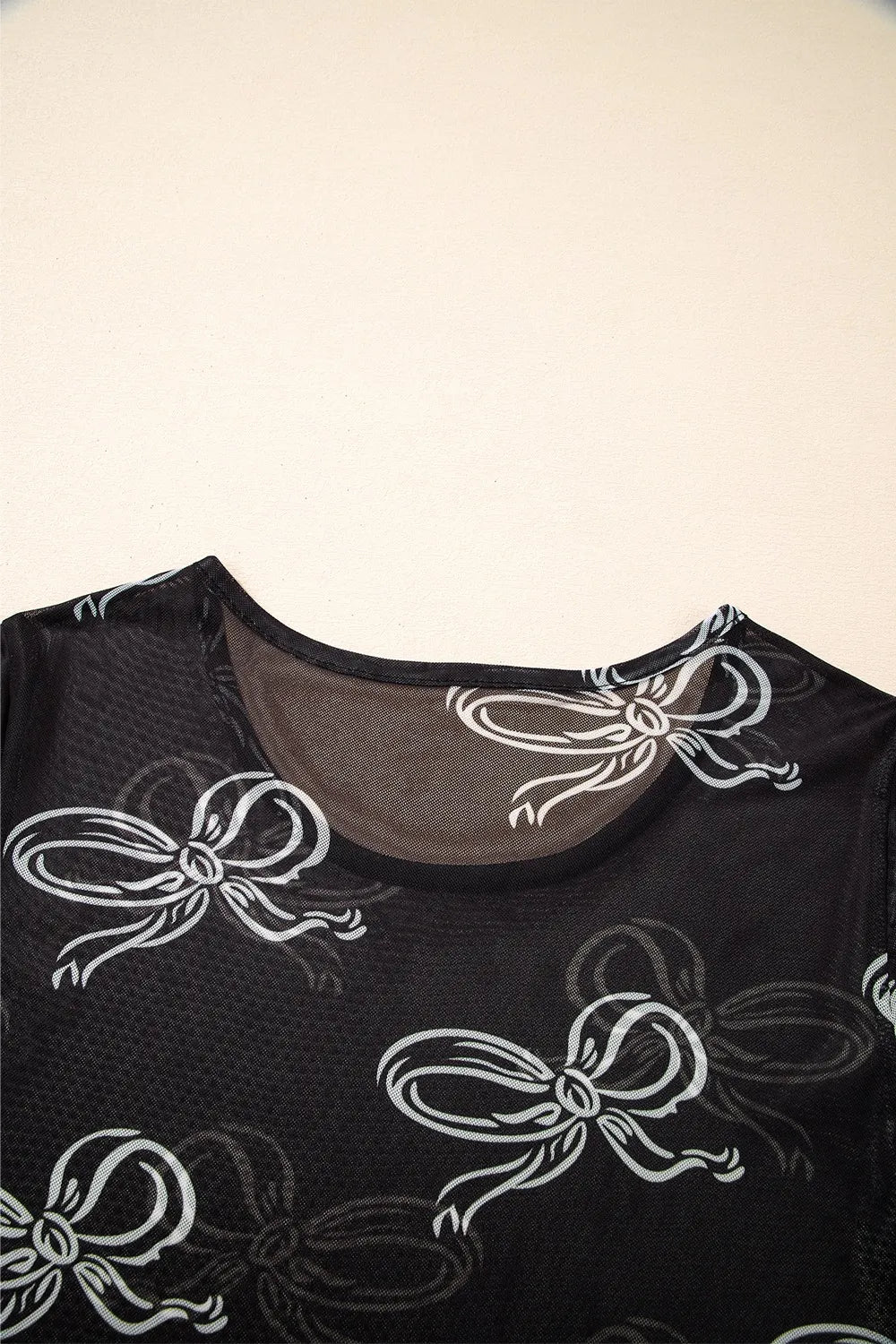 Elegant Sheer Bow Mesh Round Neck Short Sleeve Lightweight Top