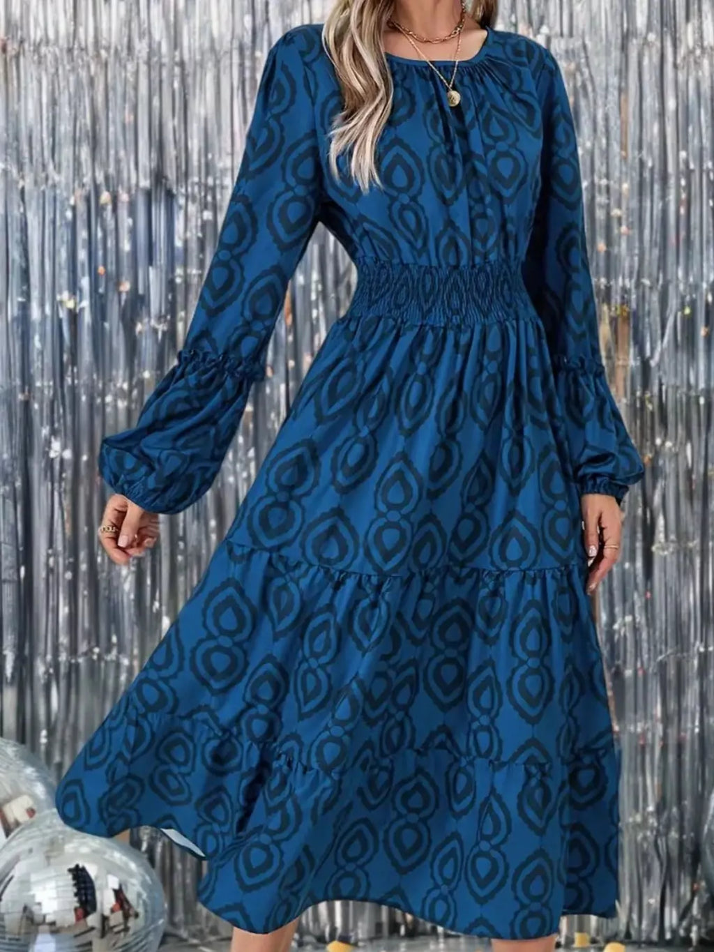 Smocked Balloon Sleeve Round Neck Midi Dress