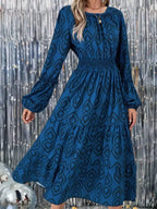 Smocked Balloon Sleeve Round Neck Midi Dress